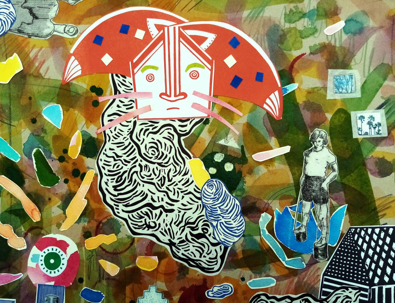 ›Malchower Volksfest‹ (Detail), Zeichnung und Collage auf Pappe, Blatt aus der Serie ›Erscheinungen‹